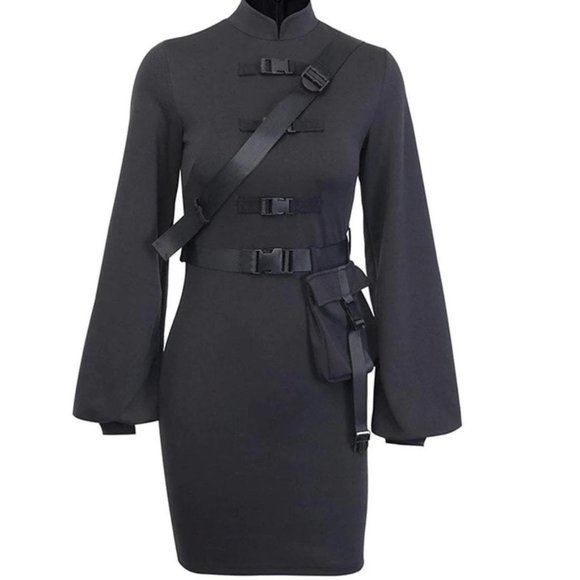Mandarin Collar Techwear Dress Darkwear 90s Inspired Cargo Dress - Picture 1 of 3